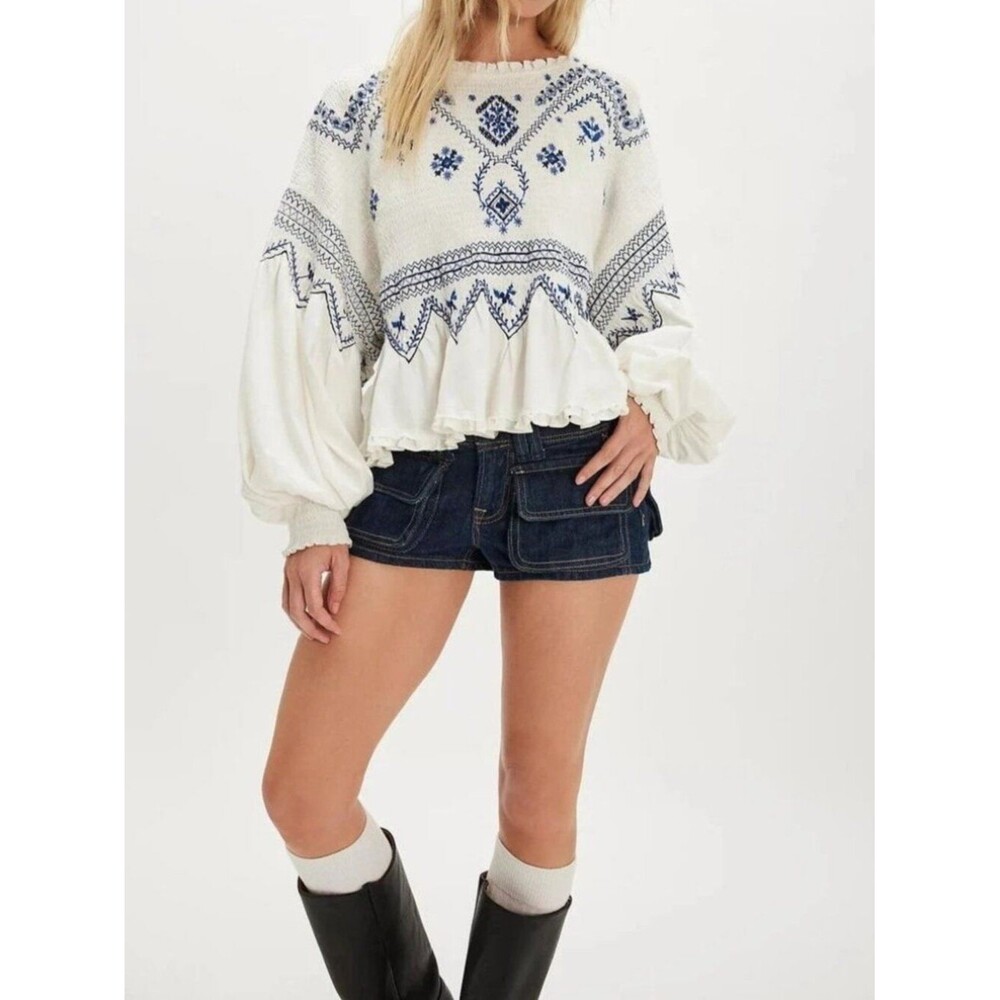 Free People Holly Long Sleeves Knit Top Embroidered Smocked Boat Neck XS 289660